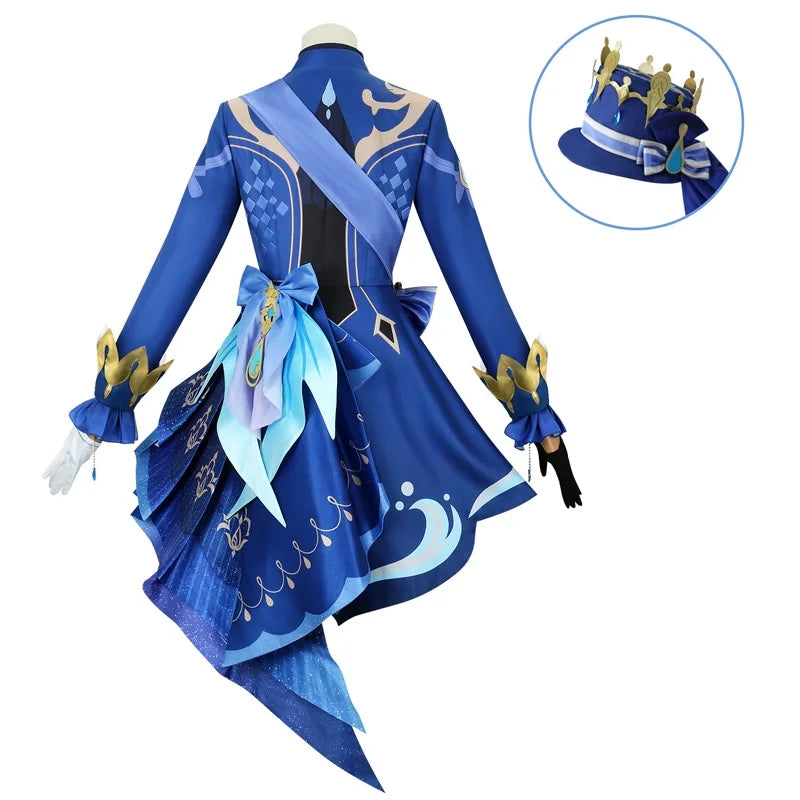 Blue costume with decorative elements on a white background