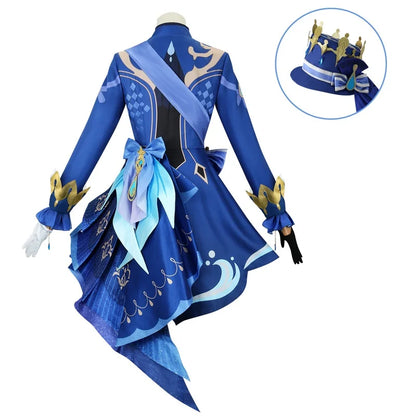 Blue costume with decorative elements on a white background