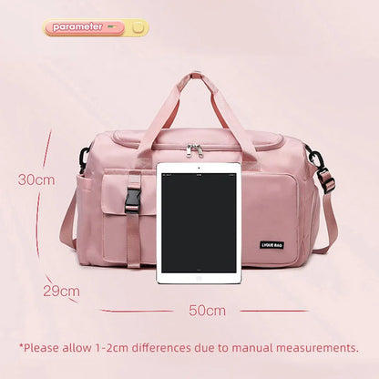 Pink duffel bag with dimensions indicated on a pink background