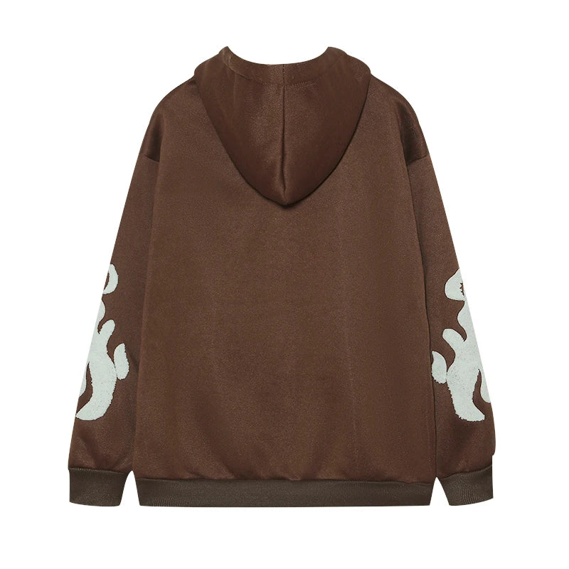 Brown hoodie with white designs on sleeves on a white background