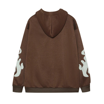 Brown hoodie with white designs on sleeves on a white background
