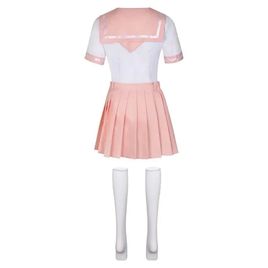 Japanese Seifuku pink sailor cosplay uniform with pleated skirt, blouse, and socks set for anime costume or kawaii fashion