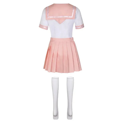 Japanese Seifuku pink sailor cosplay uniform with pleated skirt, blouse, and socks set for anime costume or kawaii fashion