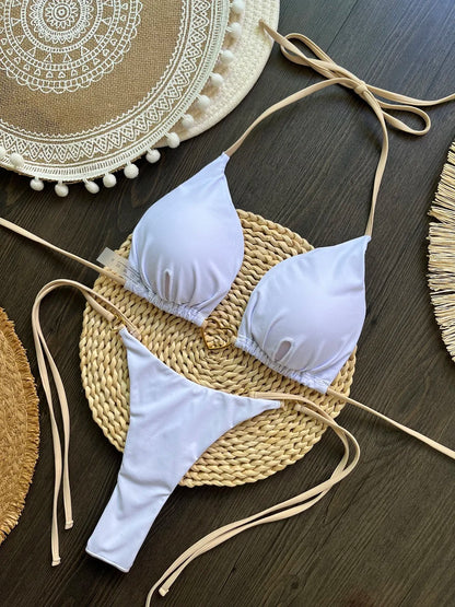 Sexy halter bikini set with Brazilian thong bottoms – women’s two-piece solid color swimwear