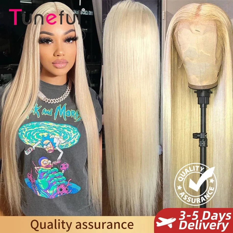 Blonde wig displayed on a mannequin head with 'Tuneful' branding and quality assurance badge.