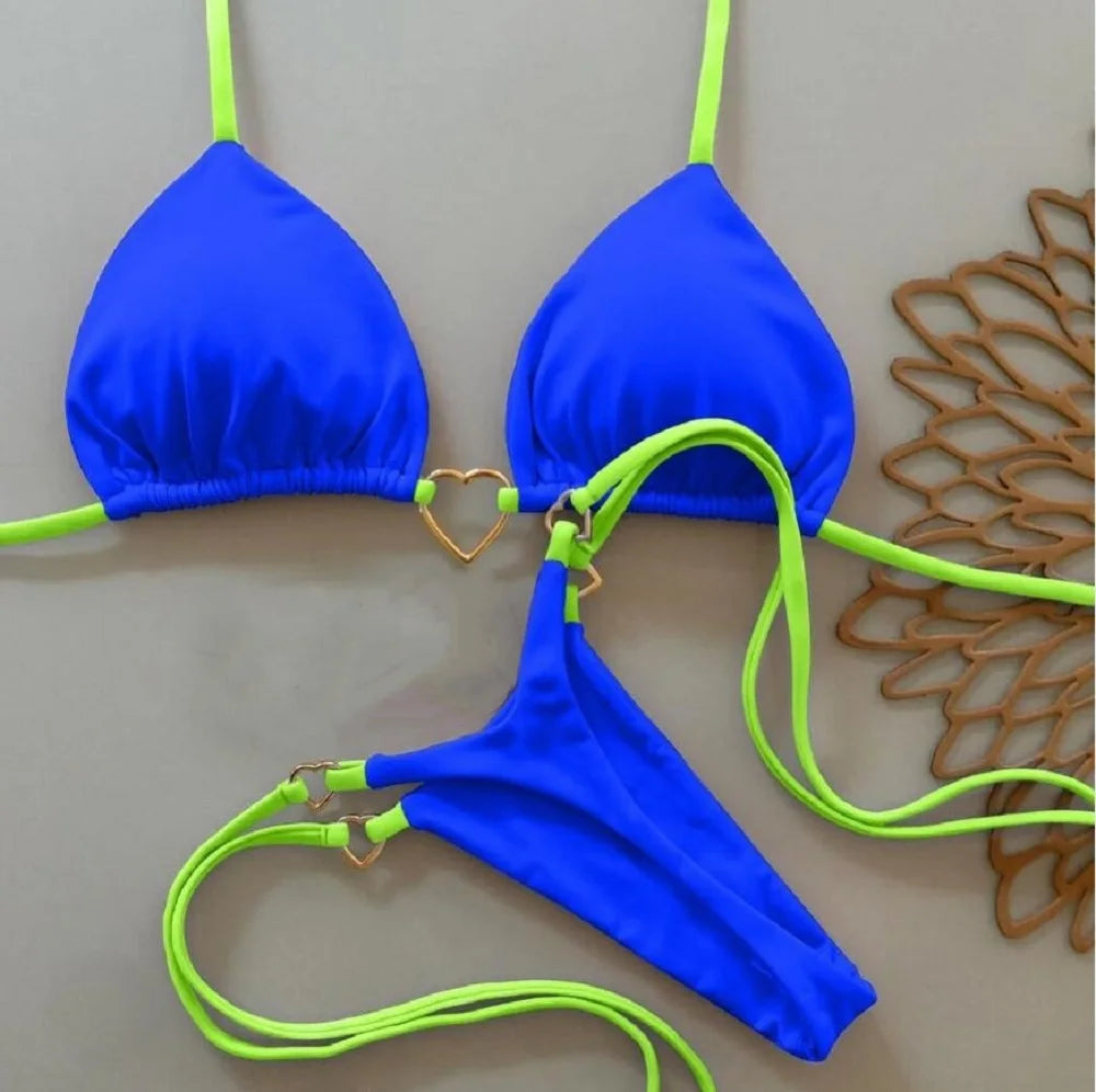 Sexy halter bikini set with Brazilian thong bottoms – women’s two-piece solid color swimwear
