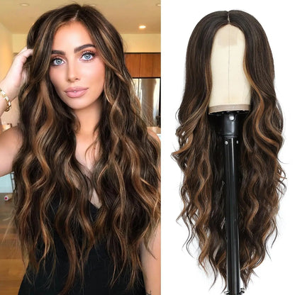 Woman with long wavy hair next to a wig on a mannequin head.