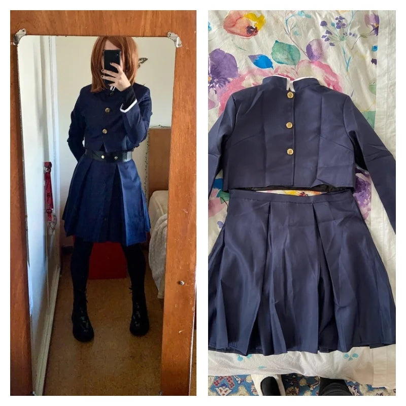 Person wearing a navy blue uniform with gold buttons, standing in front of a mirror on the left, and the same uniform laid flat on a floral-patterned surface on the right.