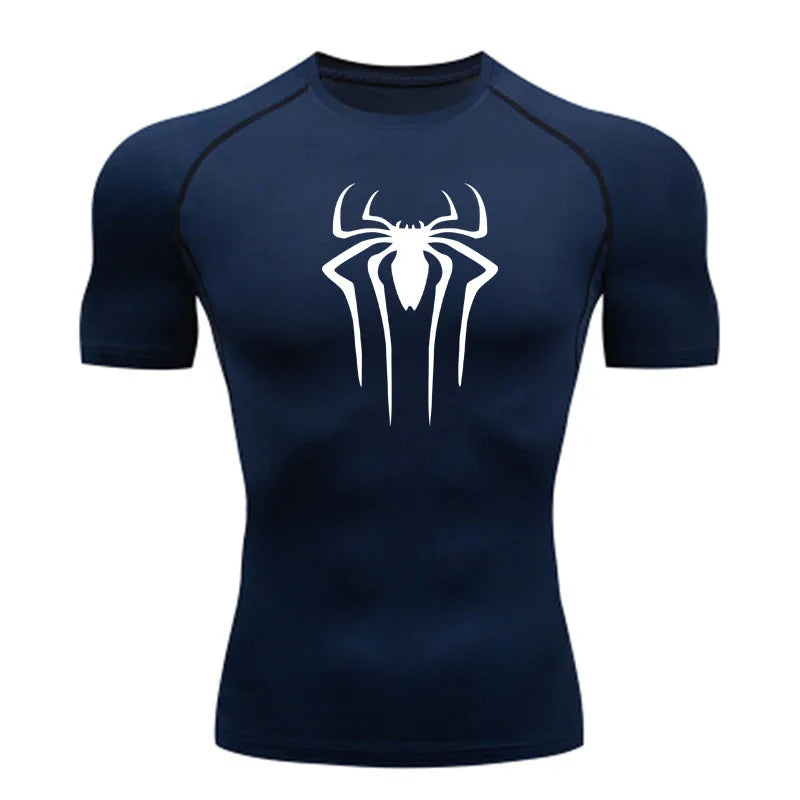 Navy blue t-shirt with a white spider logo on a white background