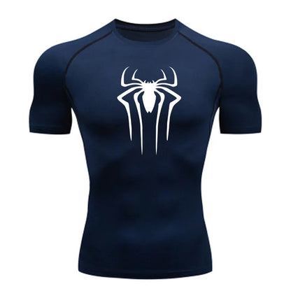 Navy blue t-shirt with a white spider logo on a white background