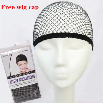 Black mesh wig cap on a mannequin head with packaging labeled 'New Fashion' and 'Free wig cap'.
