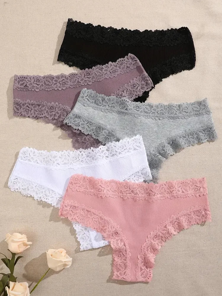 5pcs women’s cotton floral lace panties set with soft patchwork briefs