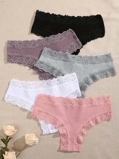 5pcs women’s cotton floral lace panties set with soft patchwork briefs