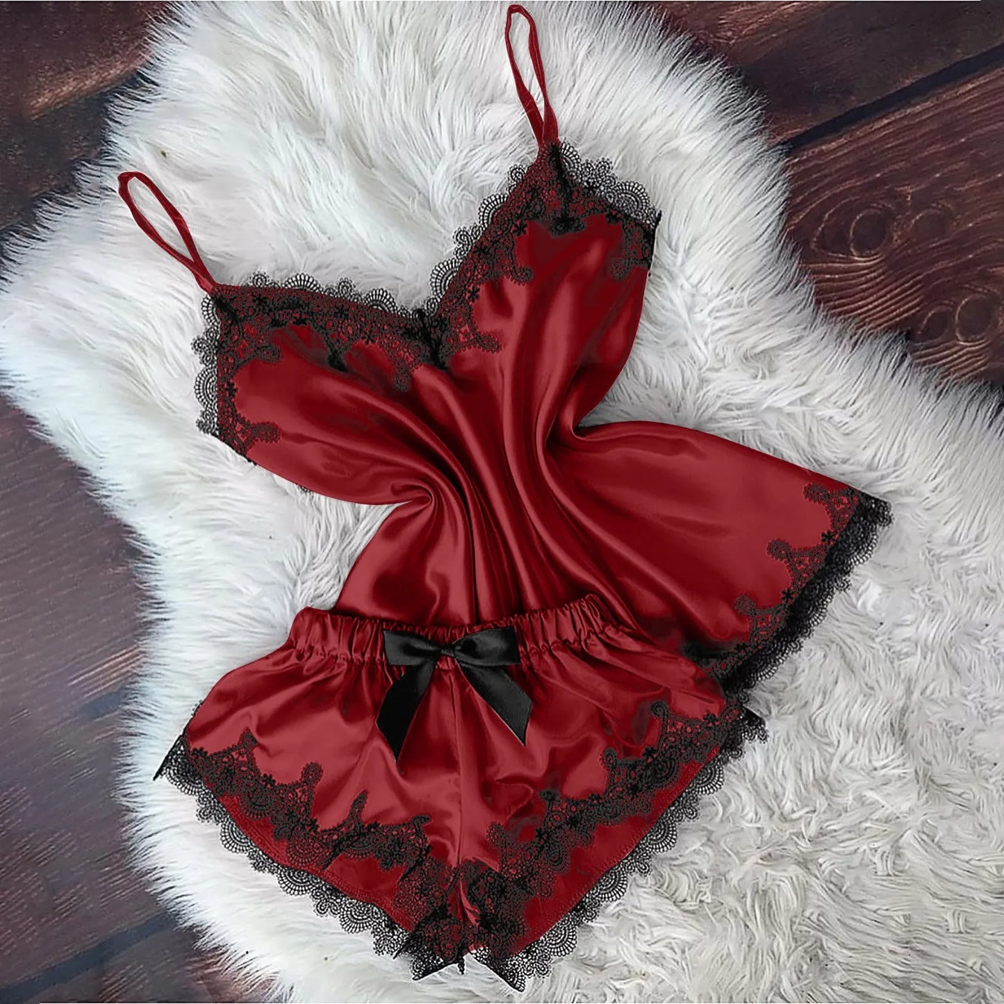Velvet Camisole & Bow Shorts Sleepwear Set – V-Neck Backless Pajamas for Women