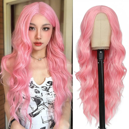 Pink wig on a mannequin head and worn by a person.
