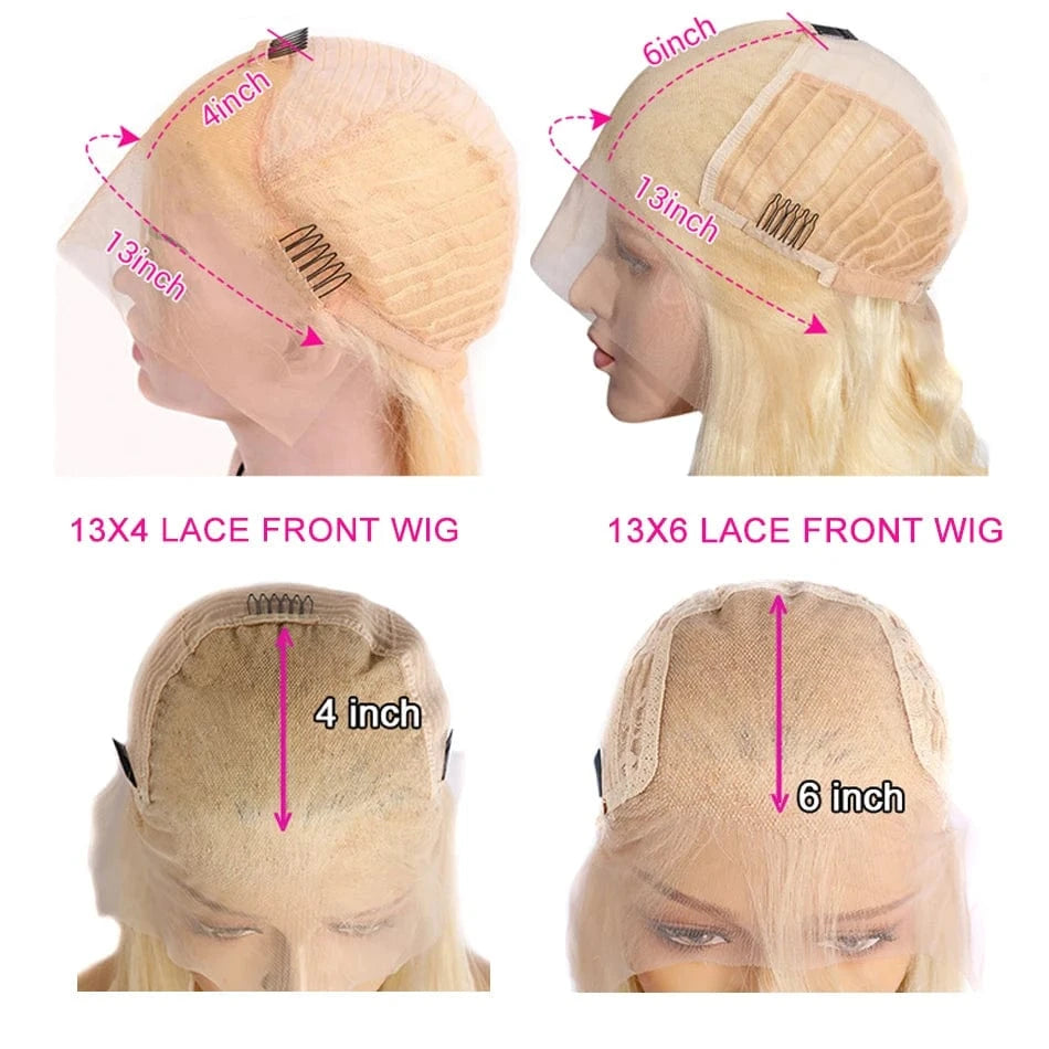 Comparison of 13x4 and 13x6 lace front wigs with measurements.