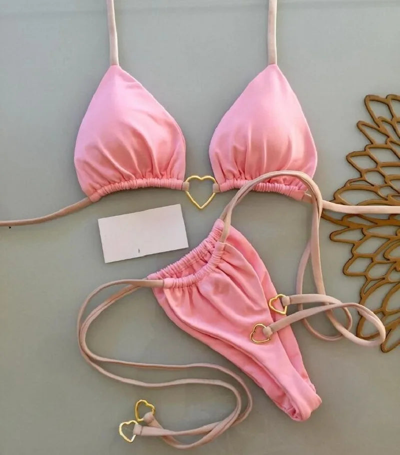 Sexy halter bikini set with Brazilian thong bottoms – women’s two-piece solid color swimwear
