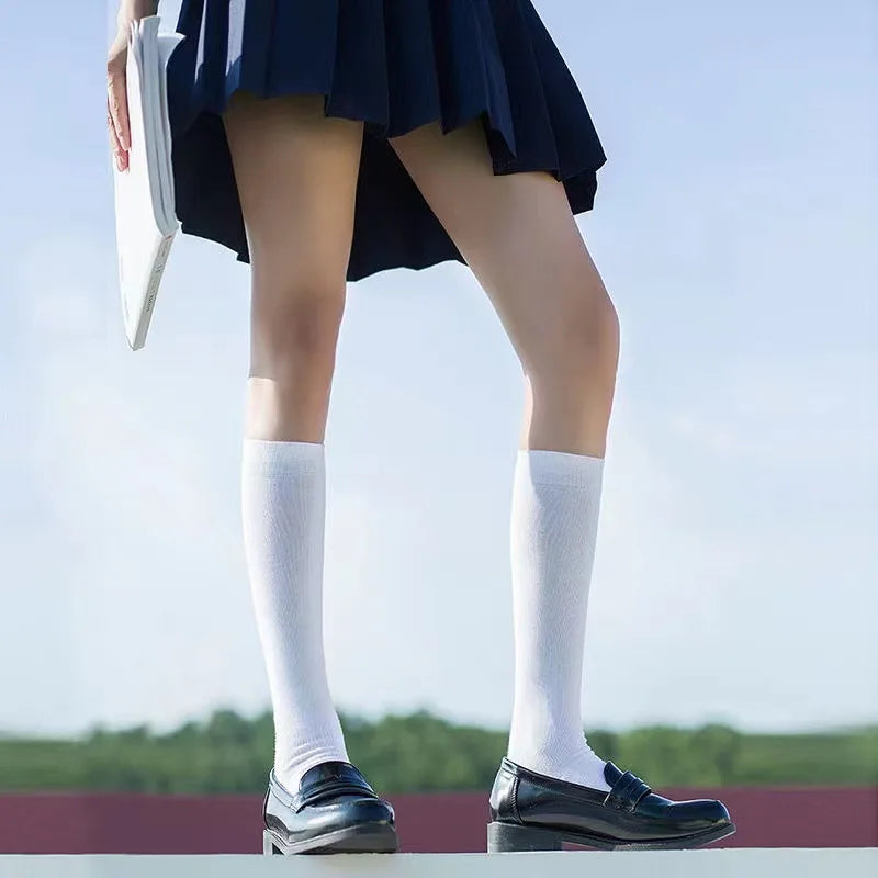 Black and white knee-high Lolita socks for women, thin breathable over-the-knee stockings