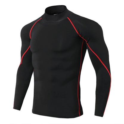 Black long-sleeve shirt with red accents on a white background