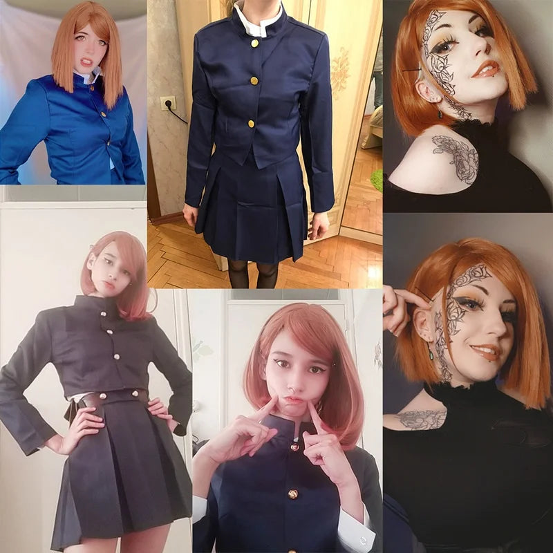 Collage of a person wearing a navy blue uniform with gold buttons, red hair, and tattoos.