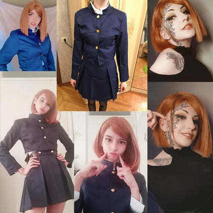 Collage of a person wearing a navy blue uniform with gold buttons, red hair, and tattoos.