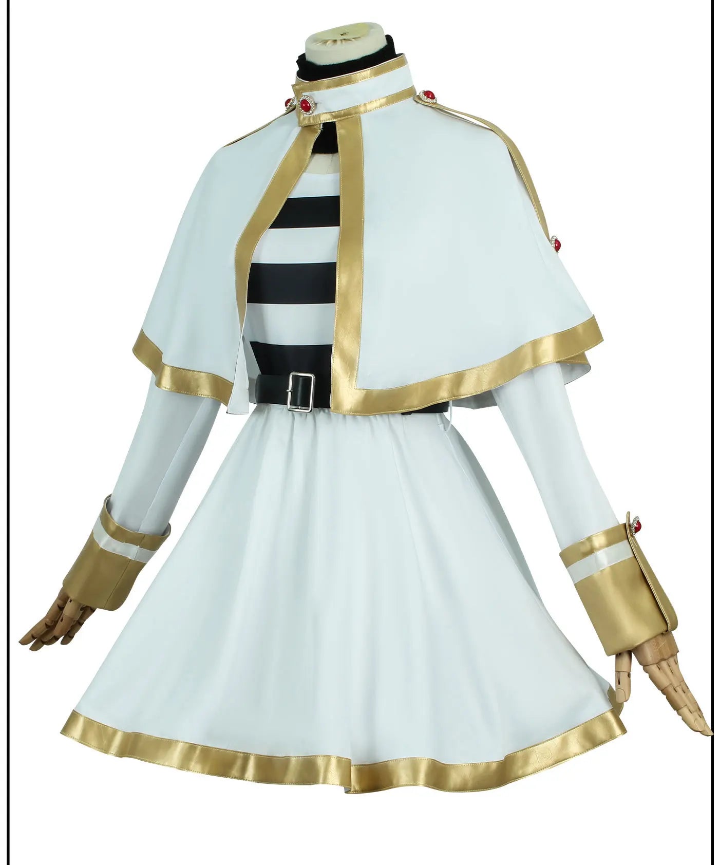 Cosplay costume with white and gold accents on a mannequin