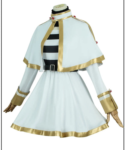 Cosplay costume with white and gold accents on a mannequin