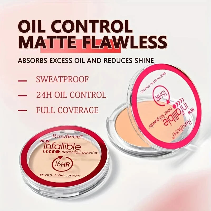 Rosawee Infallible powder with oil control and matte finish features on a white background