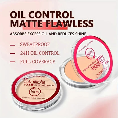 Rosawee Infallible powder with oil control and matte finish features on a white background