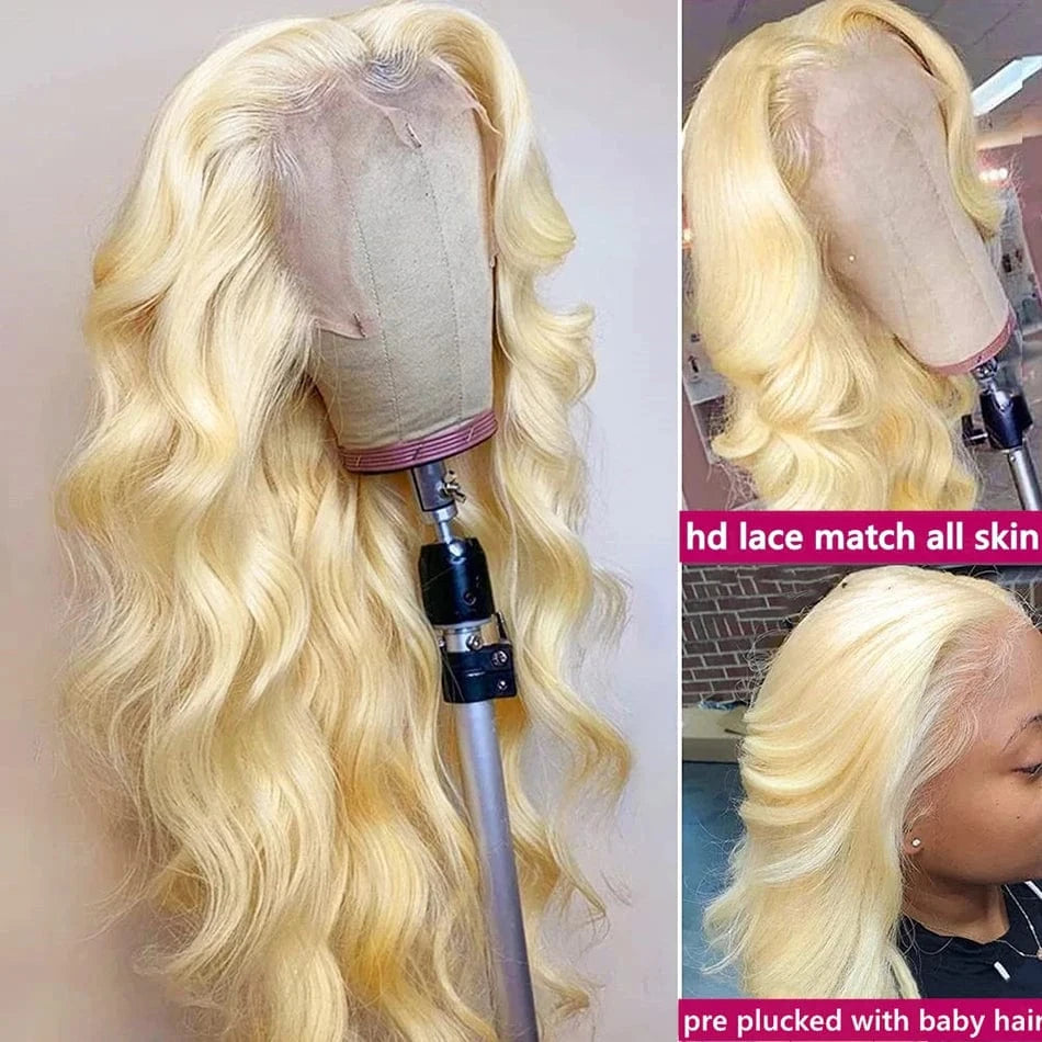 Blonde wig on a mannequin head with close-up of skin match and baby hair.