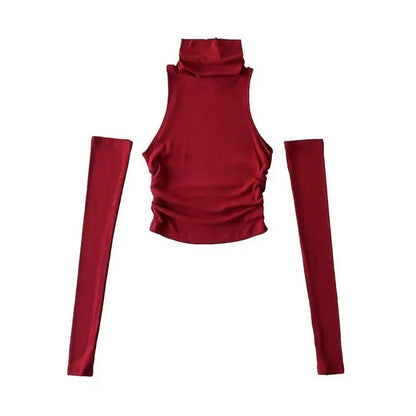 Sexy high neck pleated sleeveless crop tank top for women, Y2K clubwear and streetwear