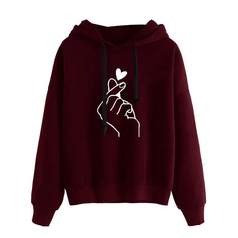 Finger Heart Fleece Hoodie – Korean Style Pullover with Pockets