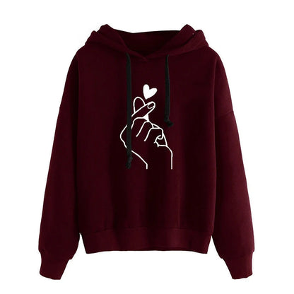 Finger Heart Fleece Hoodie – Korean Style Pullover with Pockets