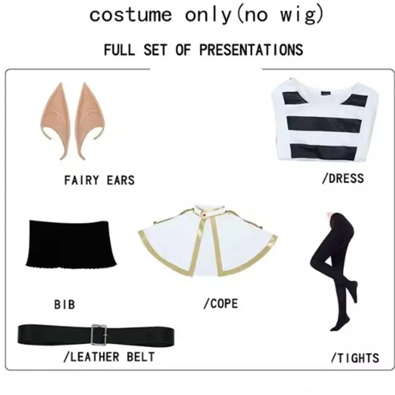 Halloween costume parts including fairy ears, dress, bib, cape, leather belt, and tights on a white background.