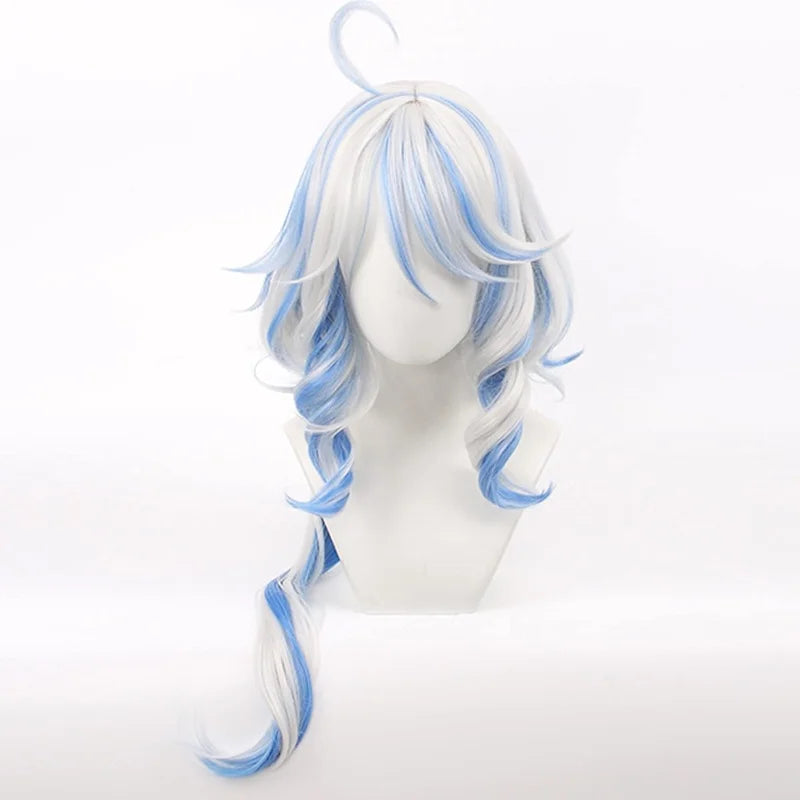 White wig with blue highlights on a mannequin head against a white background