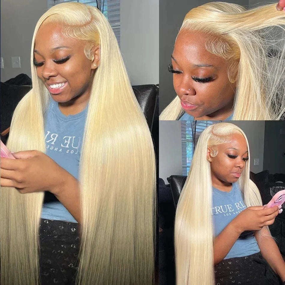Woman with long blonde hair in a series of close-up shots.
