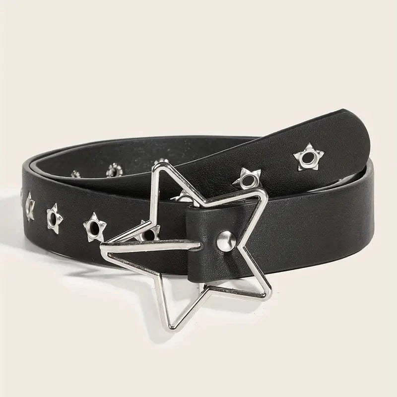 Y2K punk star eyelet PU leather belt with black rivets for women and men