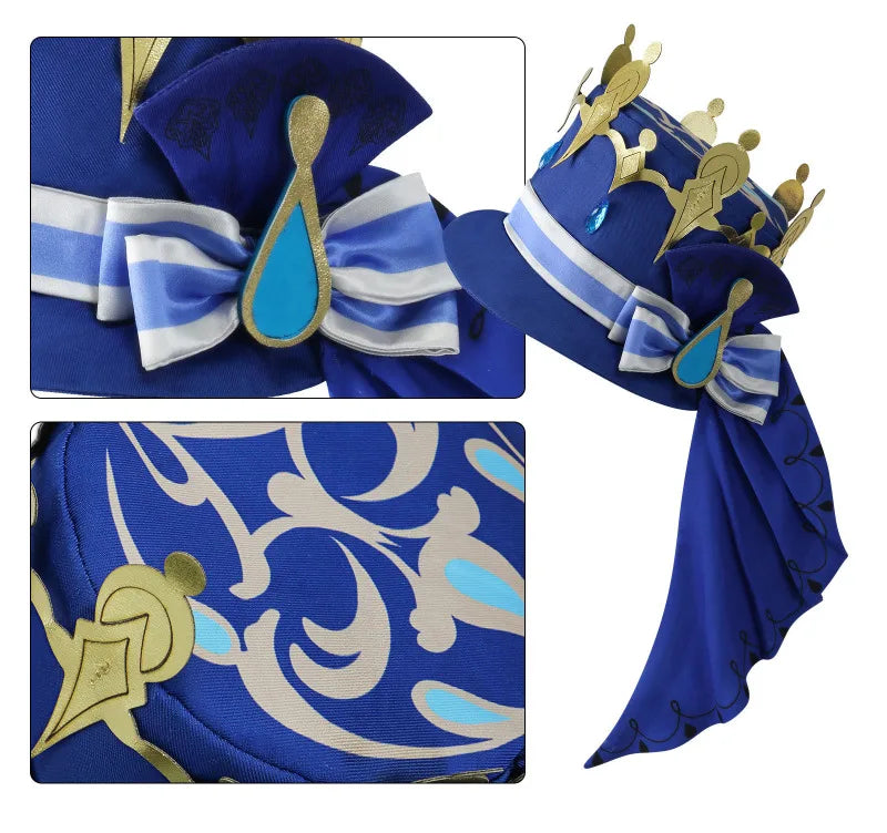 Blue decorative headpiece with gold and white accents on a white background