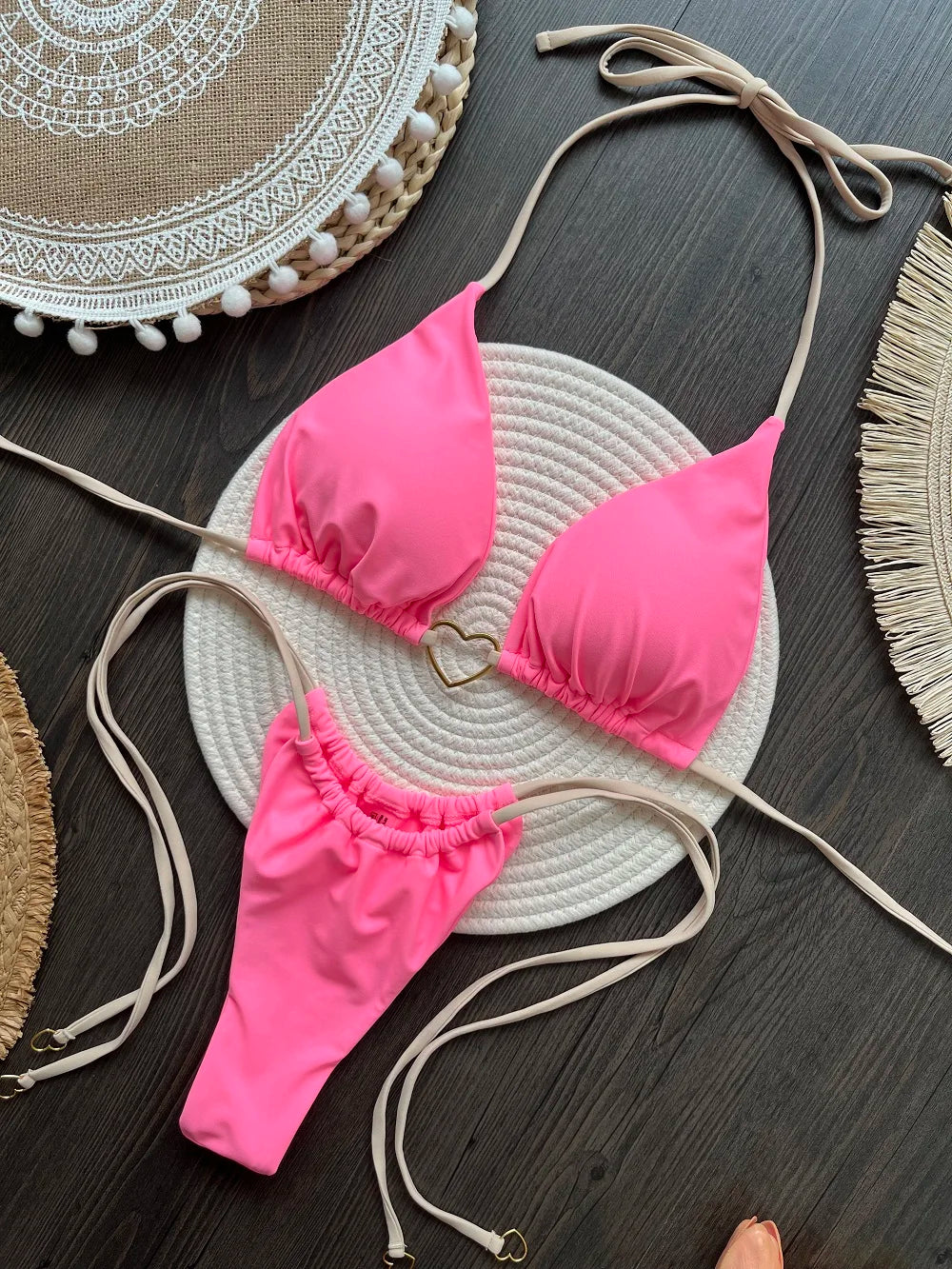 Sexy halter bikini set with Brazilian thong bottoms – women’s two-piece solid color swimwear