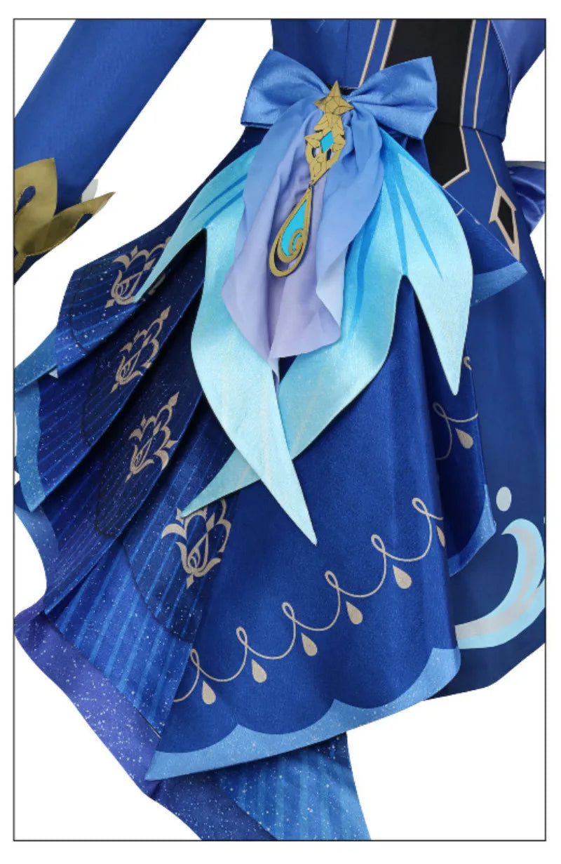 Blue costume with decorative elements on a white background