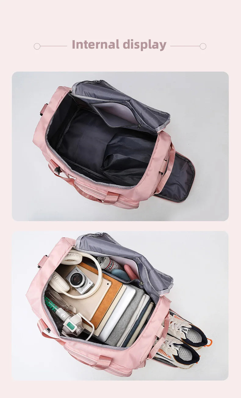 Pink backpack with compartments and items displayed on a light gray background
