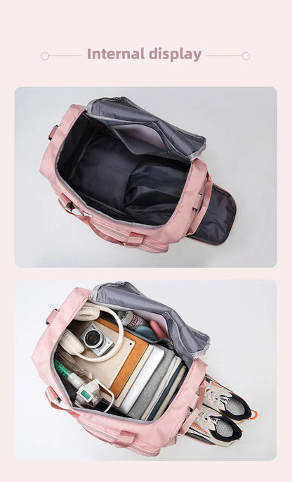 Pink backpack with compartments and items displayed on a light gray background