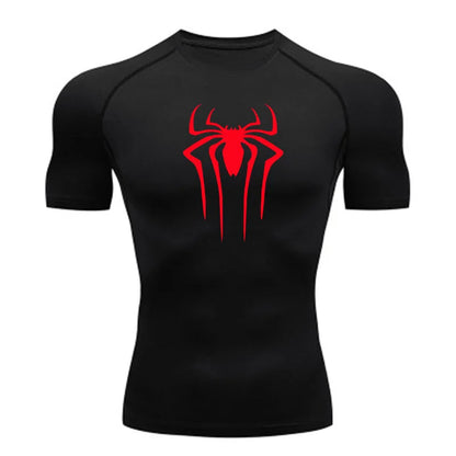 Black t-shirt with a red spider logo on a white background