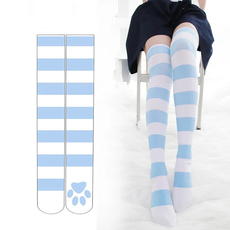 Pink kawaii cat paw over knee socks with striped Lolita design for women