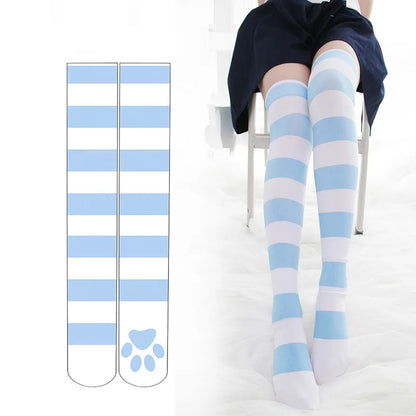 Pink kawaii cat paw over knee socks with striped Lolita design for women