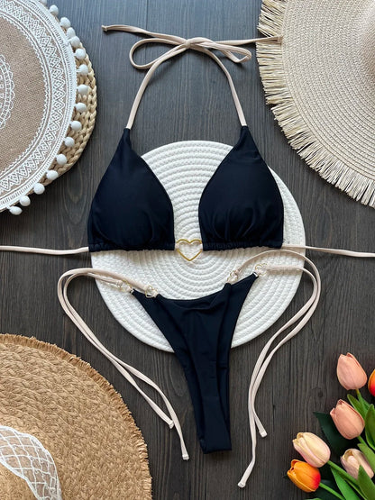 Sexy halter bikini set with Brazilian thong bottoms – women’s two-piece solid color swimwear
