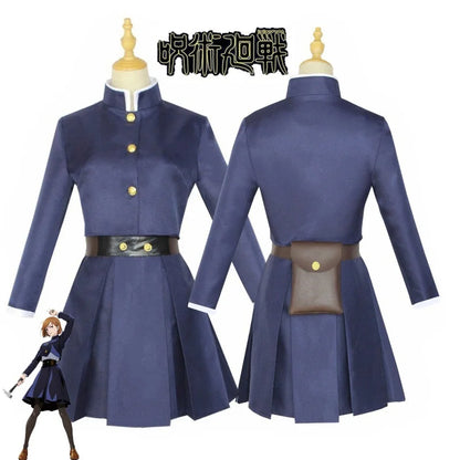 Blue dress with gold buttons and a brown belt on mannequins, with an inset of a character model.
