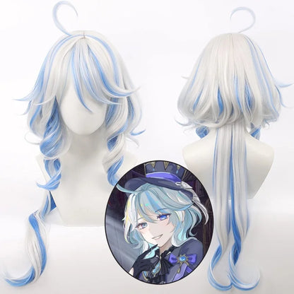 White wig with blue and gray hair on a mannequin head, with an inset image of a character wearing a similar wig.