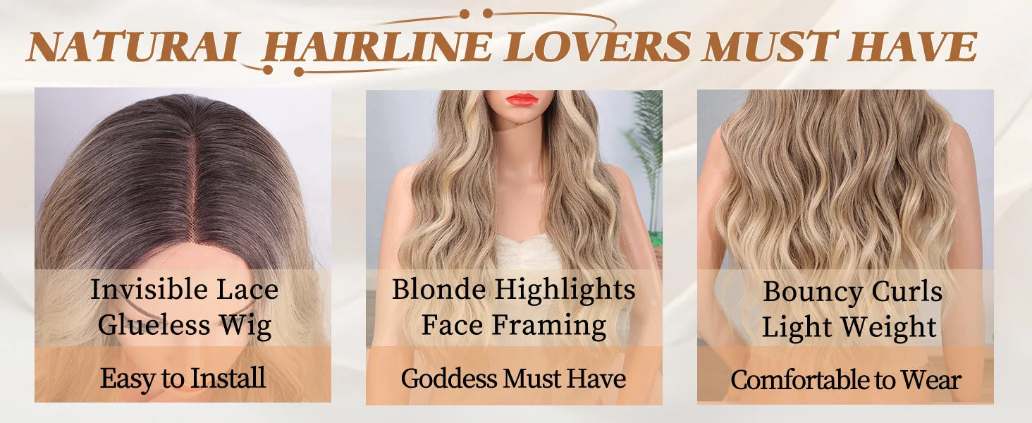 Promotional image of a wig with text highlighting features like invisible lace, blonde highlights, and bouncy curls.