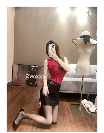 Women’s matte PU leather slim mini skirt high waist Korean streetwear nightclub fashion